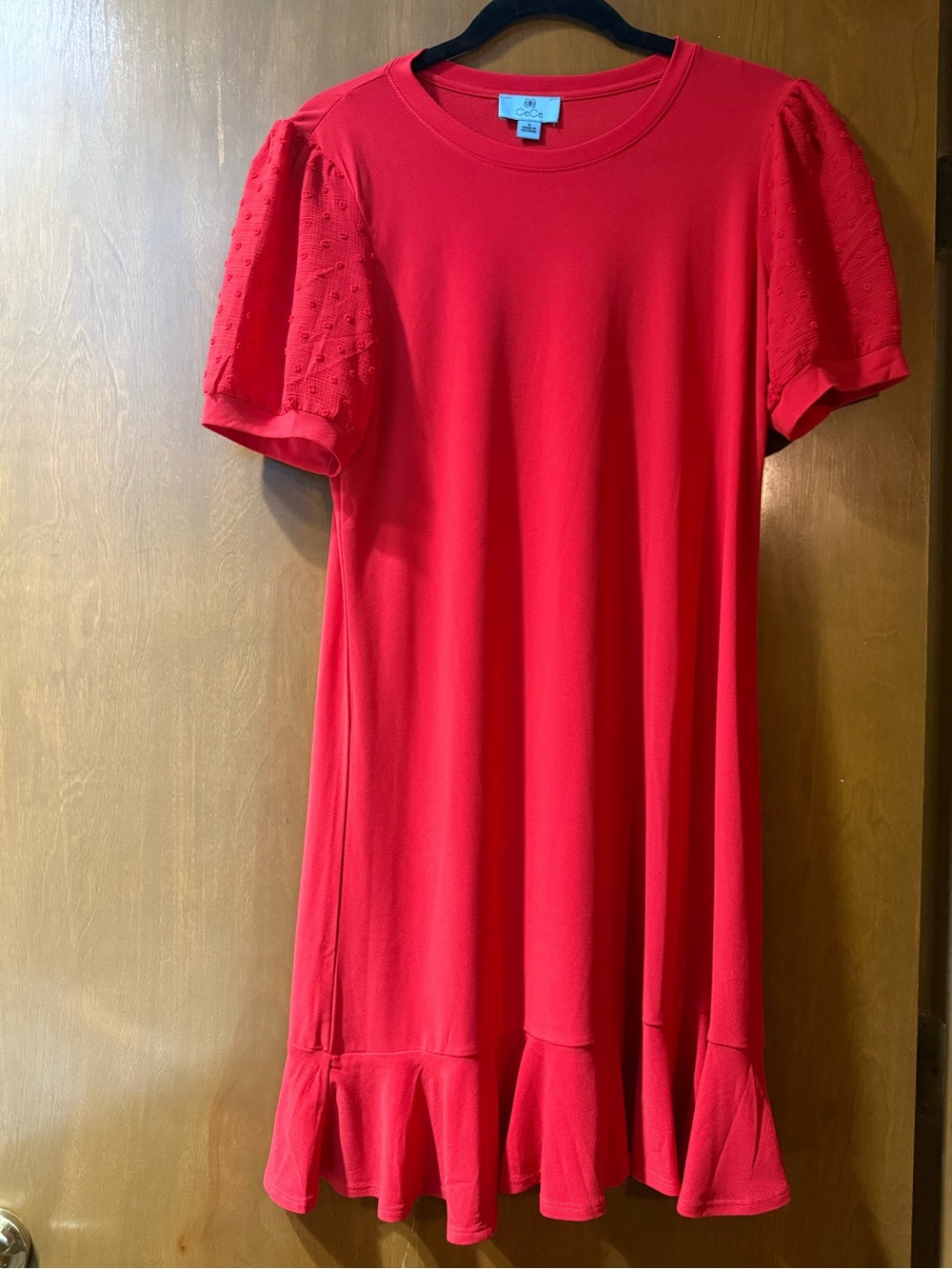 CeCe Red Knit Dress with Puff Dot Sleeves and Ruffle Hem